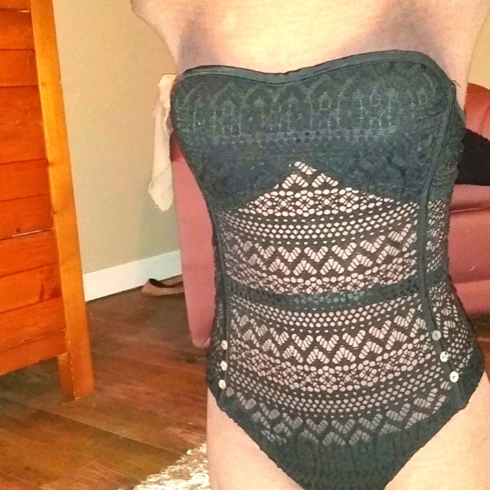 Black strapless sheer lace bathing suit